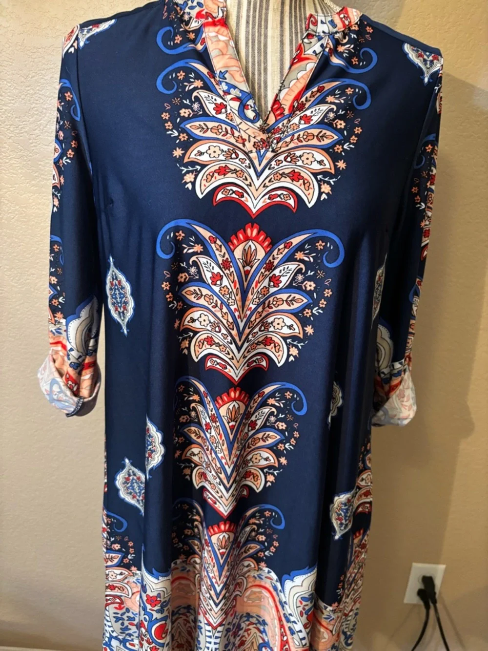 New Directions Dress Small Petite Navy Blue Paisley Floral Orange Red Mini Boho